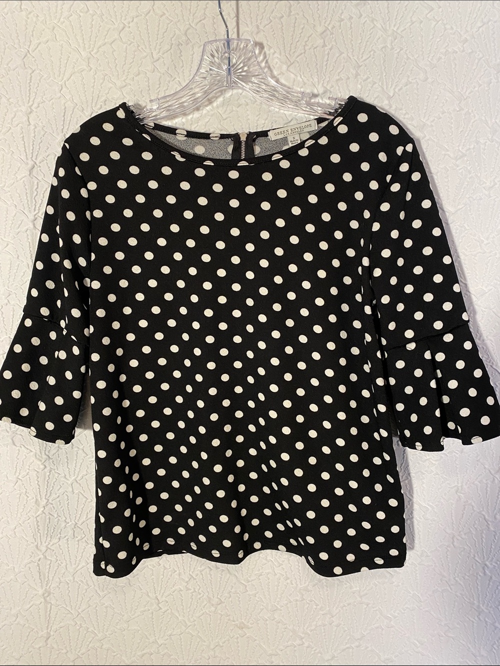 Green Envelope Black Polka Dot Ruffle Sleeve Blouse